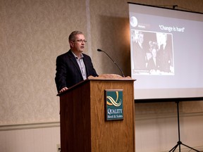 Oxford Community Energy Co-op president Helmut Schneider spoke at this year's Sustainable Energy Expo at the Quality  Hotel in Woodstock, Ont. on Wednesday, Jan. 21, about wind energy and the Gunn's Hill wind farm. (BRUCE CHESSELL, Sentinel-Review)