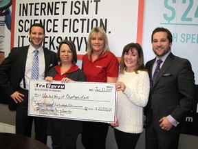 TekSavvy Solutions in Chatham raised $20,550 for the 2014 campaign of the United Way of Chatham-Kent .From left: Eric Stemmler, United Way Chatham co-chair; TekSavvy employees Christine Havens and Shannon Bell; Margery Muharrem, co-chair of Chatham-Kent campaign; and Adam Ludolph, Chatham campaign co-chair.
