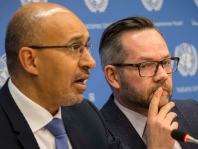 French State Secretary for European Affairs Harlem Desir (L) and German Minister of State for Europe Michael Roth attend a news conference at the United Nations headquarters in New York Jan. 22, 2015.  REUTERS/Brendan McDermid