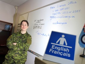 Since April 2013, Halifax, NS native Jennifer Howell, 29, moved to the Quinte area when her husband got posted at CFB Trenton, worked as a radio reporter for a year and joined the Canadian Forces. Second Lieutenant Howell is seen here during public affairs officer on-job training at the air base Thursday, Jan. 22, 2015. - JEROME LESSARD/THE INTELLIGENCER/QMI AGENCY