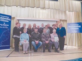 Recipients of the 2014 Huron-Bruce Outstanding Citizen Award include (left to right): Nicole Wise, Mildmay; Jason Goodall, Wingham; Michelle Wilhelm, Cargill; Steph Fortney, Cargill; Heather Klopp, Zurich; Bill Johnston, Wingham; Patrick Armstrong, Zurich; Sandra Inglis, Belmore; Jim Lee, Brussels; Brenda Girvan, Teeswater; Terry Moran, Ambleside; Brenda Wilton, Mildmay; Paul Kuntz, Formosa; Peter Carter, Teeswater; Carol Yull, Goderich; Russell Nesbitt, Blyth (absent); and Tony & Sylvia Sheard, Southampton (absent).