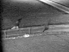 A video screengrab of suspects fleeing after opening fire at a group of men at a North York townhouse complex.