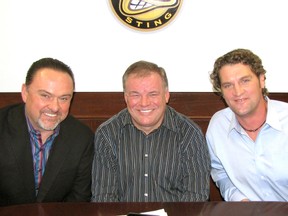 From left, Larry Ciccarelli and Rob Ciccarelli announced Thursday morning they have reached an agreement to sell the Sarnia Sting to former NHL player Derian Hatcher, right, and current Ottawa Senators forward David Legwand. The agreement still needs approval from the Ontario Hockey League board of governors and the City of Sarnia, but all parties involved don't foresee any issues in obtaining approval. (TERRY BRIDGE/THE OBSERVER)