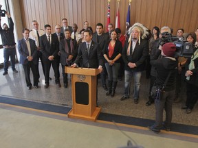Mayor Brian Bowman, flanked by dozens of supporters, spoke against racism in a press conference Jan. 22, 2015 in response to a Maclean's magazine story.