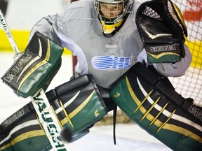 Knights goalie Tyler Parsons, who just two weeks ago was sent to Erie as a healthy scratch, looks sharp during practice at Budweiser Gardens on Thursday.  (Mike Hensen, The London Free Press)