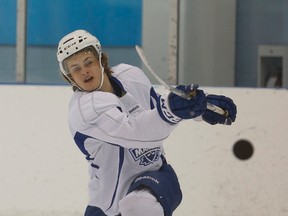 William Nylander, Toronto’s top pick in the 2014 NHL draft, fires the puck at Marlies practice. Nylander will make his American Hockey League debut with the team tonight in Hamilton. (Jack Boland/Toronto Sun)