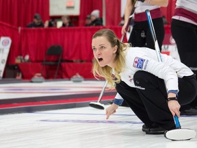 Chelsea Carey calls instructions during her loss in the A final to Val Sweeting’s team during the Alberta Scotties Thursday in Lacombe. Sweeting had two three enders en route to her victory. (Anna Brooks, QMI Agency)