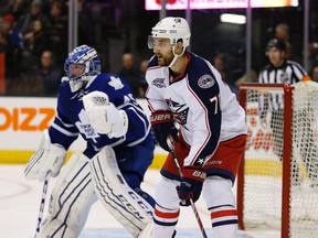 Columbus Blue Jackets Nick Foligno (71) beside Jonathan Bernier (45) during the second period at the Air Canada Centre in Toronto on Friday January 9, 2015. (Jack Boland/QMI Agency)