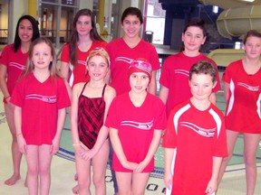 Top three finishers from the Sarnia Y Rapids 1 swim team in a recent meet are, back row from left, Nes Tulang, 13; Shona Branton, Ciara Brown and Jack Biggar, 12; and Taylor Marut, 10; Front row from left are Allie Rawson, 9; Lauren Armstrong, Kate Bedard, and Trevor Marut, 7. Missing is Nadine Osmon, 13. (SUBMITTED PHOTO)