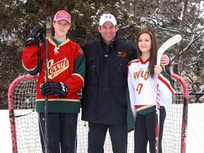 Perry's Wild Three on Three Hockey League is about to begin in Sarnia for the ninth season. From left are Brock Perry, 17, Jeff Perry, and Ella Perry, 13. The league runs from April 7 to June 20 at Germain Arena. (TERRY BRIDGE/THE OBSERVER)