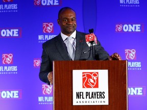 DeMaurice Smith, executive director of the National Football League Players Association, speaks during a press conference prior to Super Bowl XLVIII on January 30, 2014 in New York City.  (Alex Trautwig/Getty Images/AFP)
