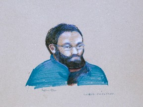 An artist's sketch shows Chiheb Esseghaier making his first court appearance, in Montreal, April 23, 2013.   REUTERS/Atalante