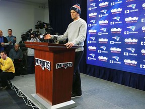 New England Patriots Quarterback Tom Brady talks to the media during a press conference to address the under inflation of footballs used in the AFC championship game. (Maddie Meyer/Getty Images/AFP)