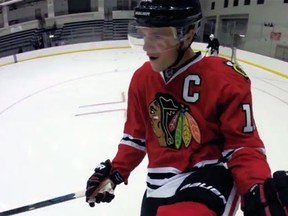 Jonathan Toews celebrates a goal in the NHL's newly released GoPro video. (NHL.com video screen grab)