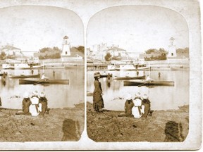 In an 1880s image of the forks of the Thames, a woman and three children look across in the direction of the white tower of the old Ontario White Sulphur Springs and mineral baths. The courthouse can also be seen at the left. (Courtesy of London Public Library Ivey Family London Room)