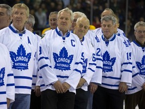 Nineteen former London Nationals were feted during a ceremony before the start of the London Knights game against the Sarnia Sting in London on Friday. (DEREK RUTTAN, The London Free Press)