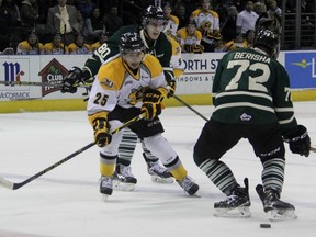 Sarnia Sting forward Jordan Kyrou sees the puck slip through the legs of London Knights forward Aaron Berisha with Knights teammate Joel Wigle following the play. The Knights went up 5-0 in the season series with a 6-2 victory at Budweiser Gardens. (TERRY BRIDGE, The Observer)
