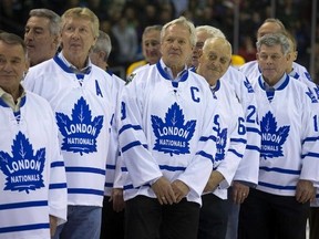 Nineteen former London Nationals were feted during a ceremony before the start of the London Knights game against the Sarnia Sting in London on Friday. (DEREK RUTTAN, The London Free Press)