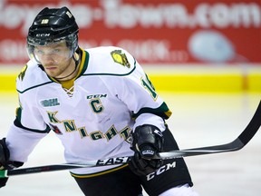 Newly minted captain Max Domi of the Knights wears his game face a game against the Sudbury Wolves at Budweiser Gardens in London Sunday November 2, 2014.  (MIKE HENSEN/QMI Agency)