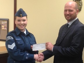 Vegreville Chamber of Commerce President Kyle Bodnarchuk presents a $5,000 cheque to Sgt. Kennedie Davies of the Royal Canadian Air Cadets Squadron #341 Mundare, proceeds from a raffle held at the Chamber's Christmas party which I emceed in December. (SUPPLIED)