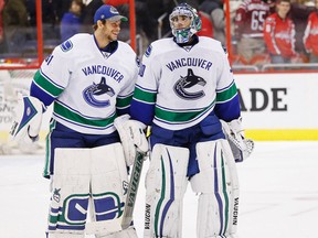 The Vancouver Canucks are deep in goaltending with Ryan Miller (right) Eddie Lack (left) and Jacob Markstrom. (Geoff Burke-USA TODAY Sports)
