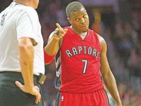 Raptors guard Kyle Lowry points as he talks with referee David Jones during Friday night’s game against the 76ers in Philly. (USA TODAY SPORTS)