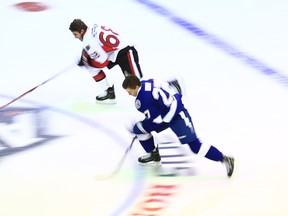 Team Toews forward Mike Hoffman (68) of the Ottawa Senators races Team Foligno forward Jonathan Drouin (27) of the Tampa Bay Lightning in in the fastest skater competition during the 2015 NHL All Star Game skills competition at Nationwide Arena.(Andrew Weber-USA TODAY Sports)