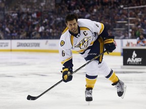 Shea Weber #6 of the Nashville Predators and Team Toews takes a shot during the AMP NHL Hardest Shot event of the 2015 Honda NHL All-Star Skills Competition at Nationwide Arena on January 24, 2015 in Columbus, Ohio.  Kirk Irwin/Getty Images/AFP