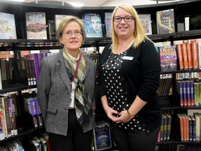 Wendy Woodhouse, adult literacy and essential skills program coordinator at the Tillsonburg Multi-Service Centre, on the left, with Meagan Berry, library assistant. (CHRIS ABBOTT/TILLSONBURG NEWS)