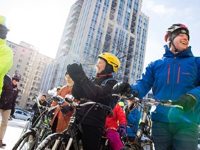 Cyclists are on their way to bike a 4km route for the 4th annual Family Winter Cycling Parade. The group of 50 cyclists left from City Hal Sunday, Jan. 25, 2015l and later returned to discuss winter bike safety with several councillors. Among the cyclists were Councillors Mathieu Fleury and Catherine McKenney.
DANI-ELLE DUBE/OTTAWA SUN/QMI AGENCY