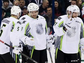 Team Toews celebrates in the first period against Team Foligno during the 2015 Honda NHL All-Star Game at Nationwide Arena on January 25, 2015 in Columbus, Ohio. (Bruce Bennett/Getty Images/AFP)