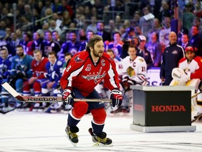 Alex Ovechkin #8 of the Washington Capitals and Team Foligno competes during the Honda NHL Breakaway Challenge event of the 2015 Honda NHL All-Star Skills Competition at Nationwide Arena on January 24, 2015 in Columbus, Ohio. (Gregory Shamus/Getty Images/AFP)