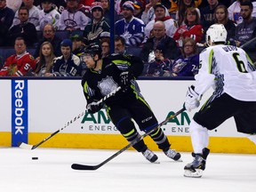 Team Foligno forward Phil Kessel (81) of the Toronto Maple Leafs controls the puck against Team Toews defenseman Shea Weber (6) of the Nashville Predators in the second period in the 2015 NHL All Star Game at Nationwide Arena. (Russell LaBounty-USA TODAY Sports)