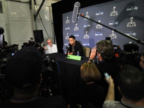 Seattle Seahawks safety Earl Thomas fields and answers questions during at press conference at the Arizona Grand Hotel in preparation for Super Bowl XLIX. at Arizona Grand Hotel on Jan. 25, 2015. (Joe Camporeale/USA TODAY Sports)