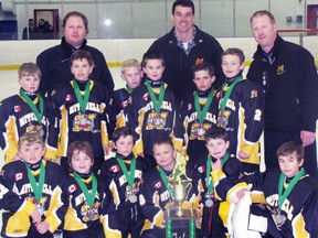 Members of the Mitchell Novice rep hockey team are somber but should be delighted with their runner-up success at the 12-team International Silver Stick hockey tournament in St. Clair Shores, Michigan this past weekend. SUBMITTED