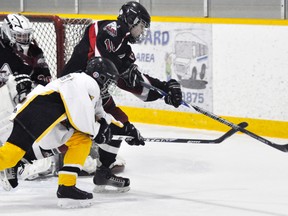 Mark Knill (6) of the Mitchell Pee Wees races Goderich’s Kylen Menuhenton (18) for the puck at the side of the Goderich net during OMHA playoff action last Tuesday, Jan. 20 in Mitchell. The teams skated to a 3-3 overtime tie. Mitchell leads the six-point series 5-1. ANDY BADER/MITCHELL ADVOCATE