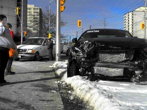 Nobody was injured after a pickup truck and a car collided at the corner of Colborne and York streets Monday afternoon. JENNIFER O'BRIEN / THE LONDON FREE PRESS