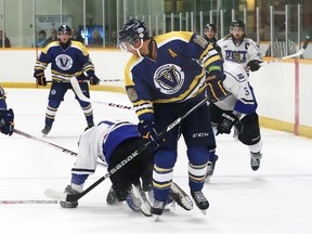 Laurentian Voyageurs forward Nick Esposto keeps an eye on the puck during a recent game at Gerry McCrory Countryside Sports Complex. Esposto is leading LU in points this season.