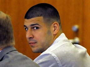 Former NFL player Aaron Hernandez appears for a hearing ahead of his upcoming trial on charges of murdering a semi-professional football player at Fall River Superior Court on September 30, 2014. (REUTERS/Ted Fitzgerald/Pool)