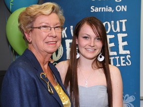 Norma Cox is shown in this file photo with Mary Crawford, recipient of a past Norma and Edward Cox Secondary School Volunteer Award. Cox is one of several recipients set to be honoured Thursday at the Lambton College Distinquished Awards Gala.  SUBMITTED PHOTO