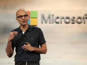 Microsoft CEO Satya Nadella speaks during a Microsoft cloud briefing even in San Francisco, in this file photo taken Oct. 20, 2014. REUTERS/Robert Galbraith/Files