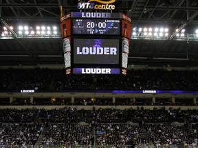 The scoreboard hanging above the ice at MTS Centre will be replaced this summer. (Marianne Helm/Getty Images/AFP file photo)