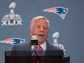 New England Patriots owner Robert Kraft addresses the media during a press conference after their arrival in preparation for Super Bowl XLIX at the Sheraton Wild Horse Pass Hotel. (Kyle Terada-USA TODAY Sports)