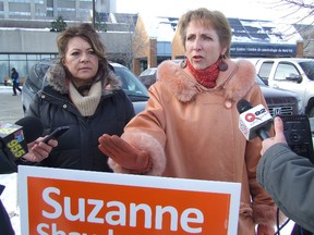 Nickel Belt New Democrat MPP France Gelinas, right, makes a point at a press conference Monday outside the Northeast Cancer Centre. At left, is Sudbury riding NDP candidate Suzanne Shawbonquit. HAROLD CARMICHAEL/SUDBURY STAR