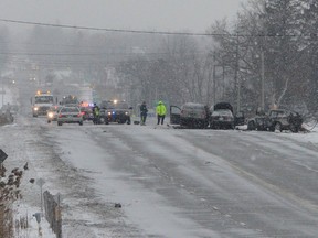 Police in Hamilton have closed a section of Hwy. 6 after a deadly three-car collision on Tuesday, Jan. 27, 2015. (ANDREW COLLINS/Special to the Toronto Sun)