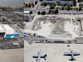 The new $72.9-million Hangar 6 at 8 Wing/CFB Trenton has been under construction since December 2012 and is expected to be completed by next winter. Above, the two-bay hangar is seen in November 2014, left, and in July 2013. - Left photo: 8 Wing Imaging . Right photo: JEROME LESSARD/THE INTELLIGENCER/QMI AGENCY