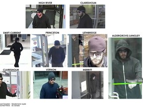 RCMP believe the same man is responsible for eight bank robberies in Alberta, B.C. and Saskatchewan. (Photos courtesy of the RCMP)