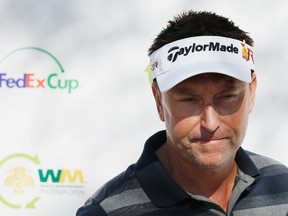 Robert Allenby of Australia speaks with the media during a practice round prior to the start of the Waste Management Phoenix Open at TPC Scottsdale on January 27, 2015. (Scott Halleran/Getty Images/AFP)