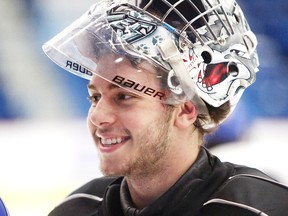 Sudbury Wolves goalie Troy Timpano smiles during team practice on Tuesday afternoon. The Wolves face the Barrie Colts on Wednesday night. Game time is 7 p.m.