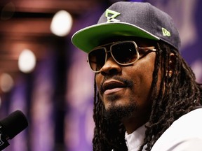 Marshawn Lynch of the Seattle Seahawks addresses the media at Super Bowl XLIX Media Day.  (Christian Petersen/Getty Images/AFP)